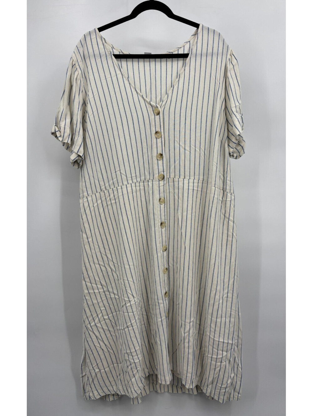 Old Navy Womens Midi Dress Cream Blue Stripe Button Front Short Sleeve Plus 3X